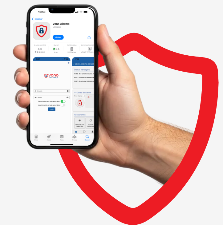 Arte com smartphone exibindo aplicativo Vono e escudo de proteção